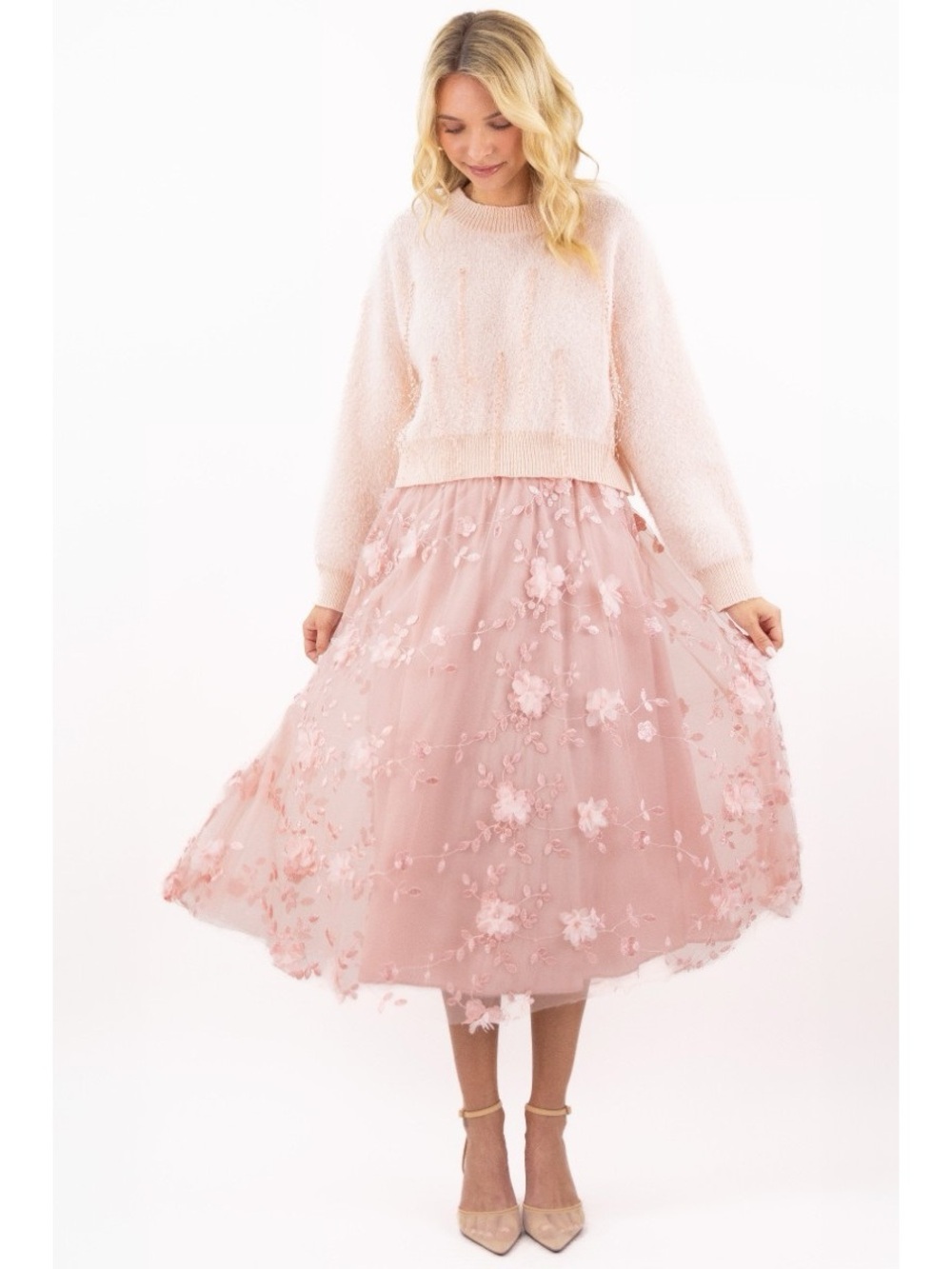 NWT 3D Floral Embroidery Tulle Midi Skirt - Pink
